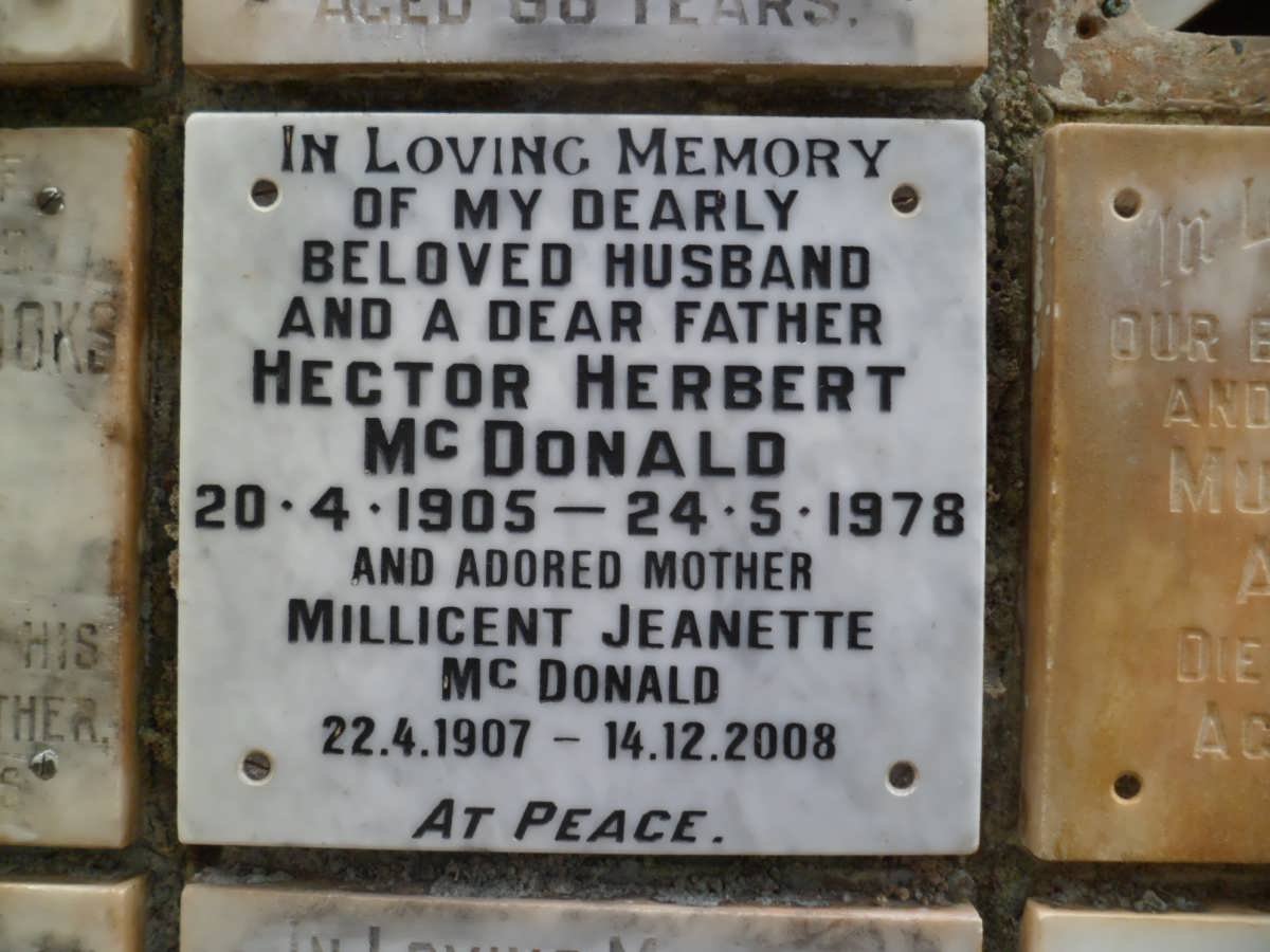 Mc DONALD Hector Herbert 1905-1978 &amp; Millicent Jeanette 1907-2008