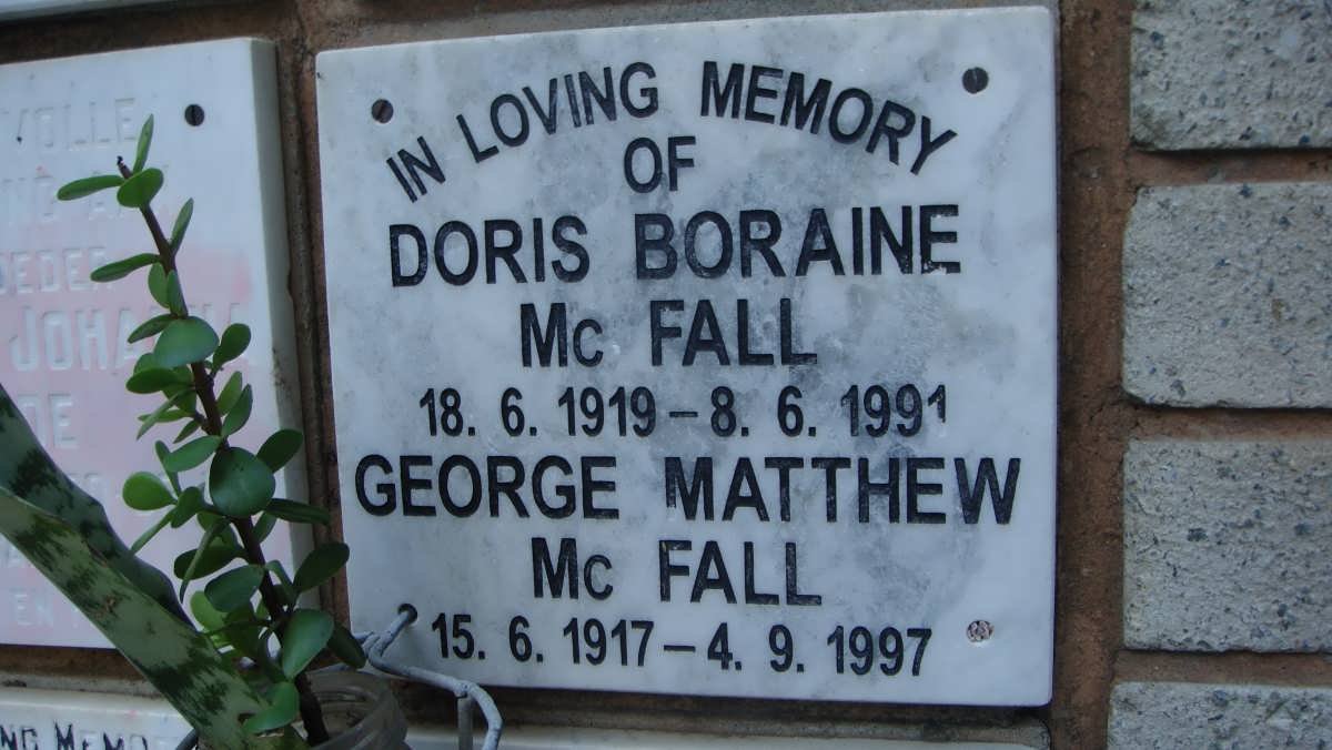 Mc FALL George Matthew 1917-1997 &amp; Doris Boraine 1919-1991