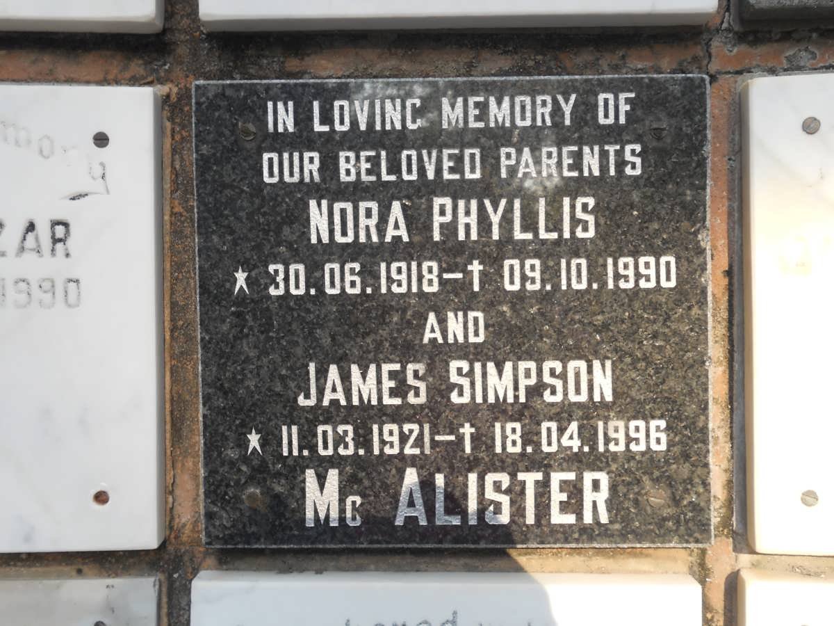 McALISTER James Simpson 1921-1996 &amp; Nora Phyllis 1918-1990
