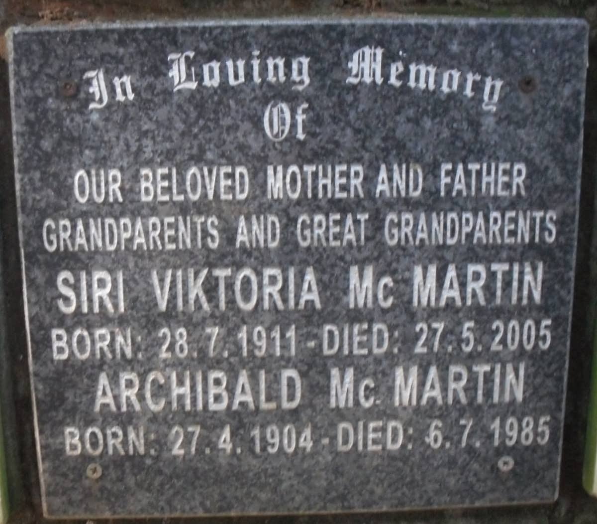 Mc MARTIN Archibald 1904-1985 &amp; Siri Viktoria 1911-2005