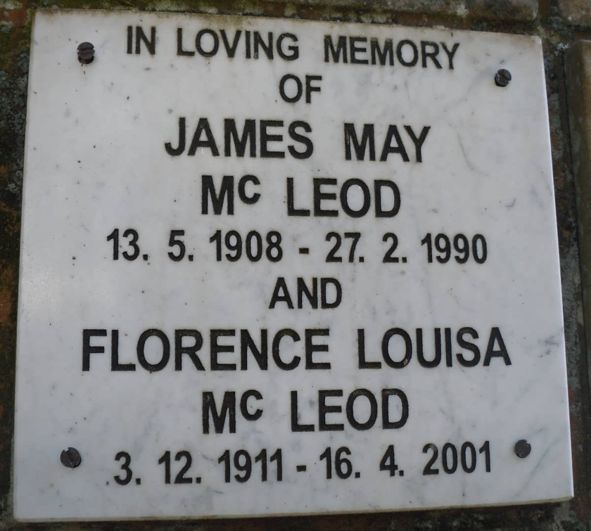 Mc LEOD James May 1908-1990 &amp; Florence Louisa 1911-2001