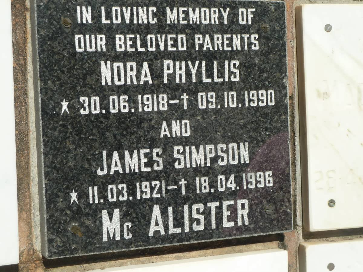 Mc ALISTER James Simpson 1921-1996 &amp; Nora Phyllis 1918-1990