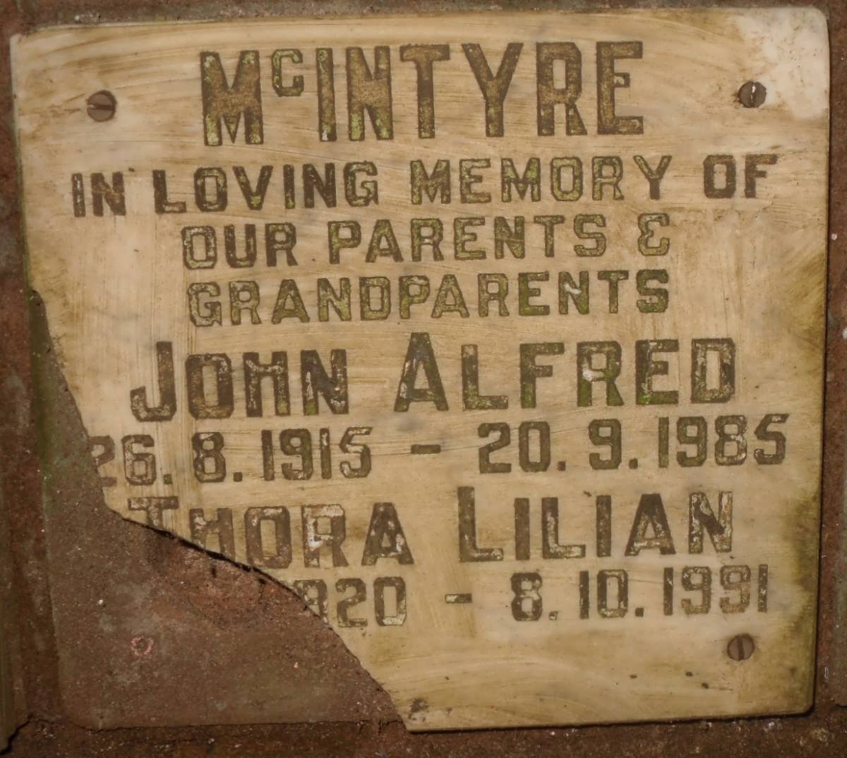 McINTYRE John Alfred 1915-1985 &amp; Thora Lilian 1920-1991
