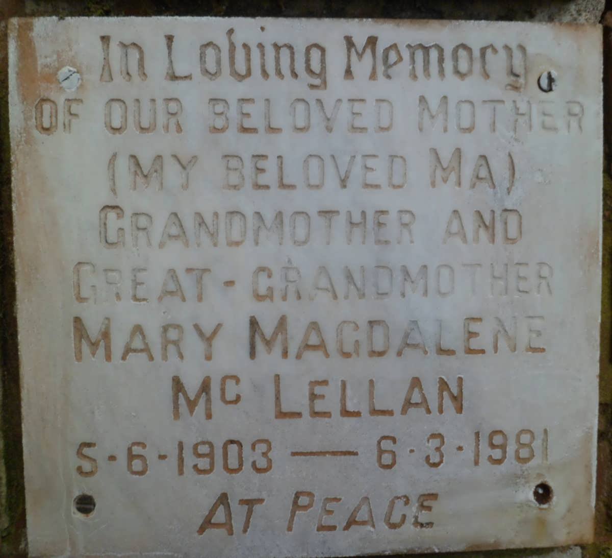 Mc LELLAN Mary Magdalene 1903-1981
