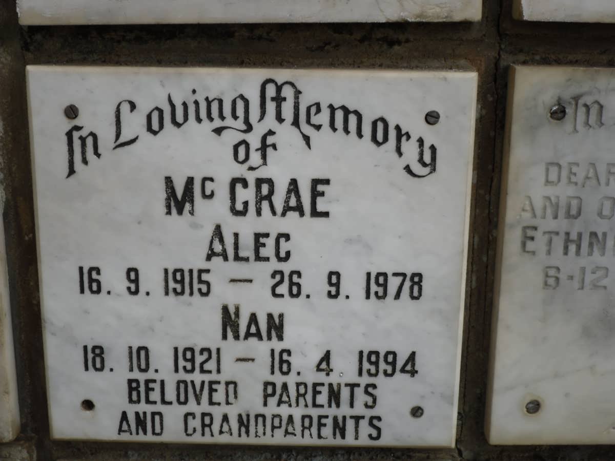 Mc CRAE Alec 1915-1978 &amp; Nan 1921-1994