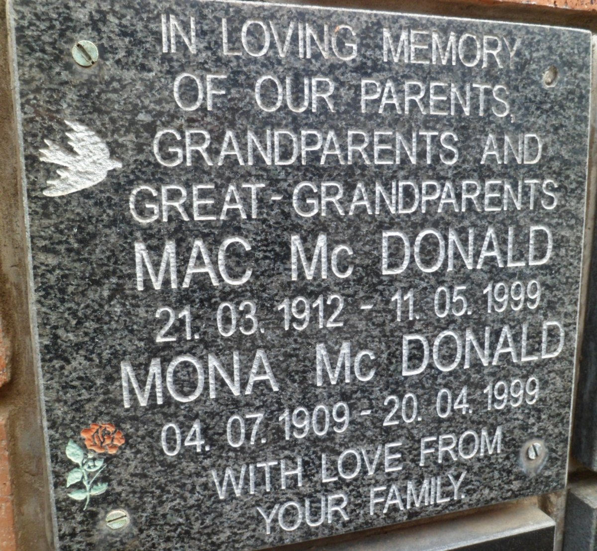 Mc DONALD Mac 1912-1999 &amp; Mona 1909-1999