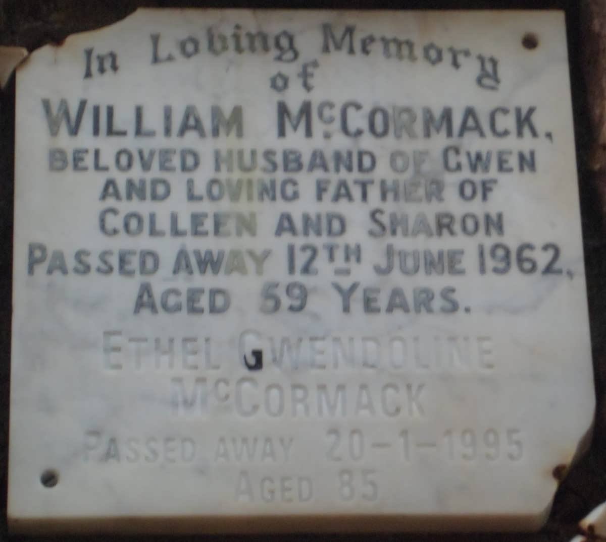 McCORMACK William -1962 &amp; Ethel Gwendoline -1995
