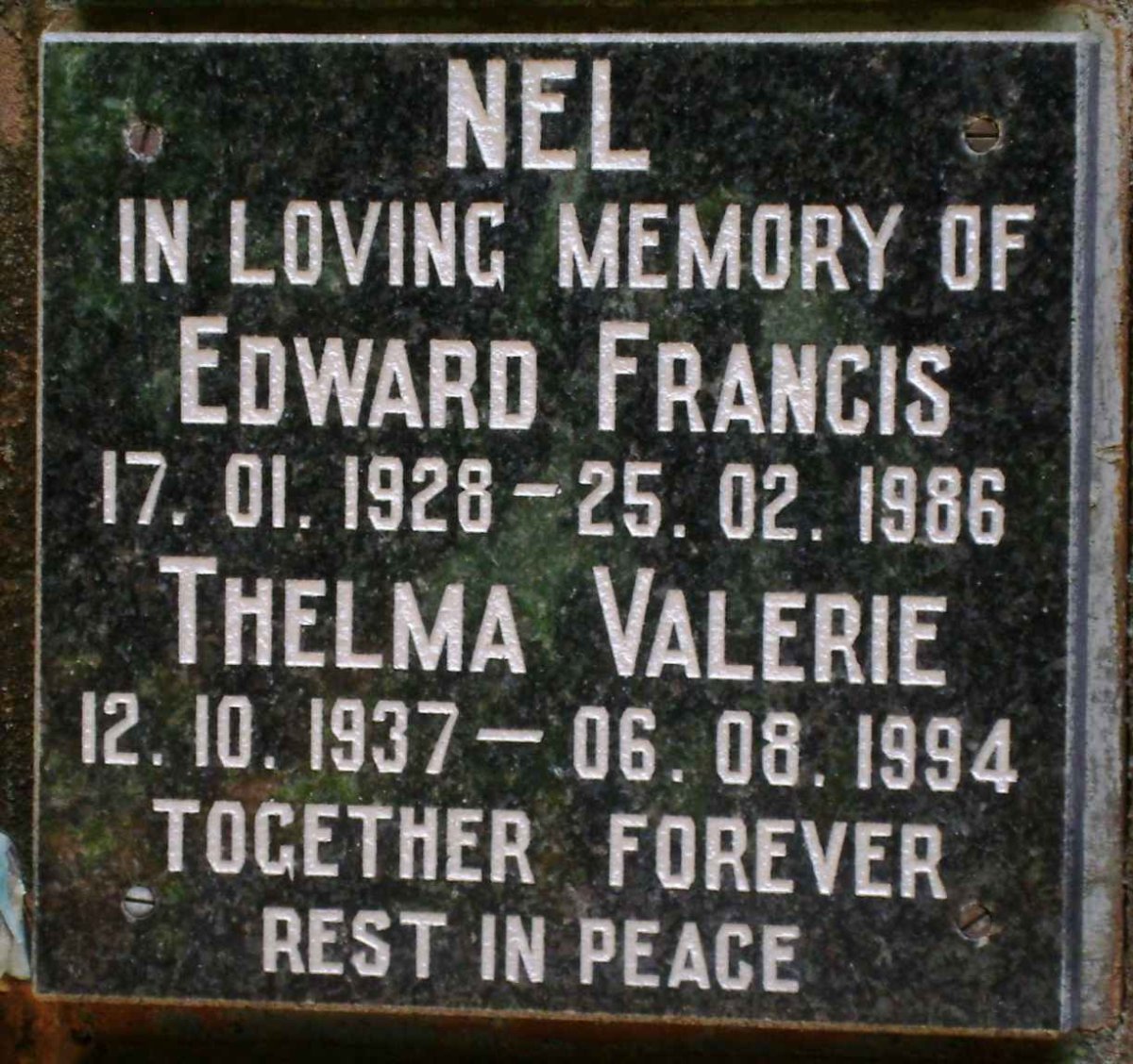NEL Edward Francis 1928-1986 &amp; Thelma Valerie 1937-1994