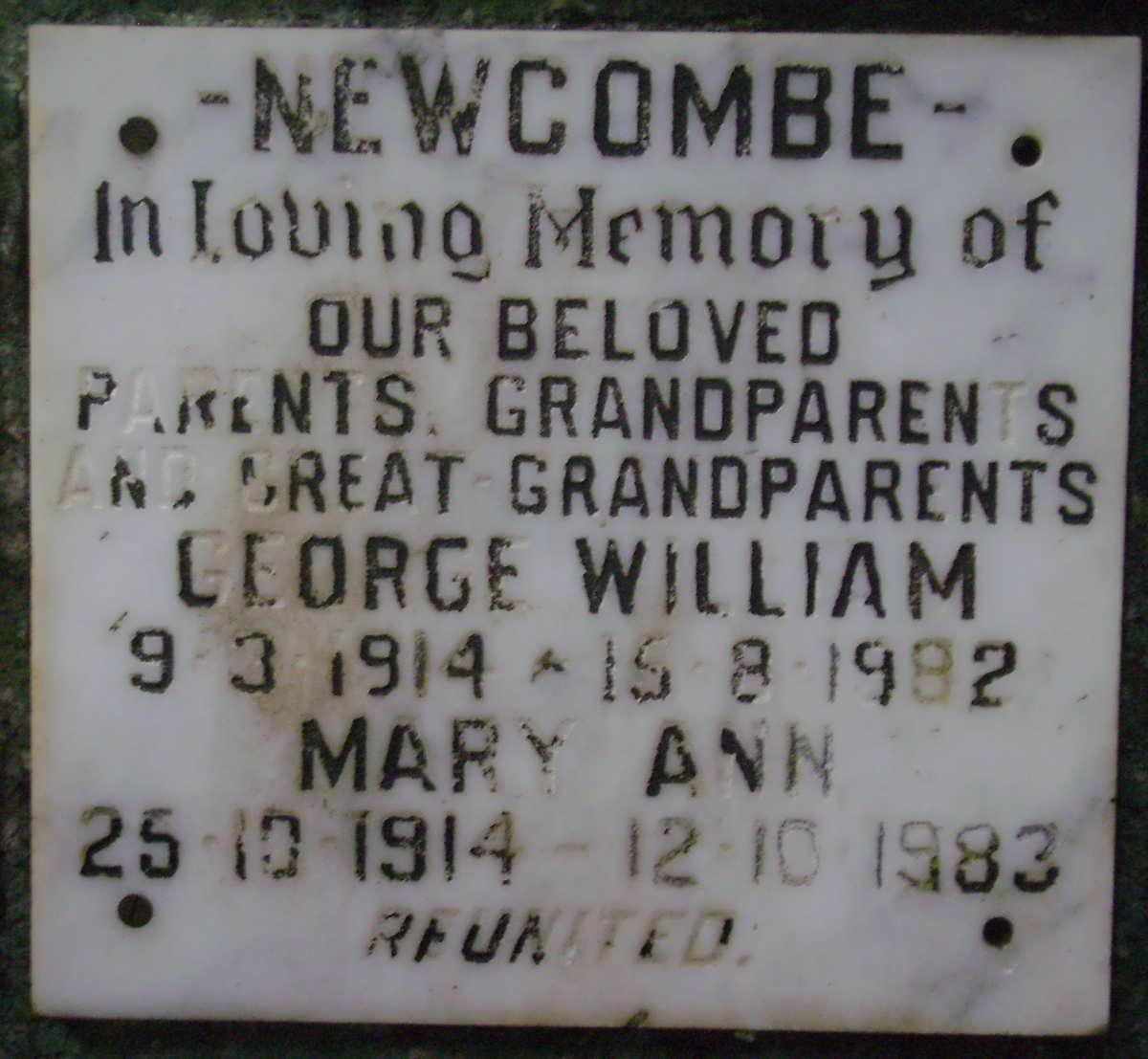 NEWCOMBE George William 1914-1982 &amp; Mary Ann 1914-1983