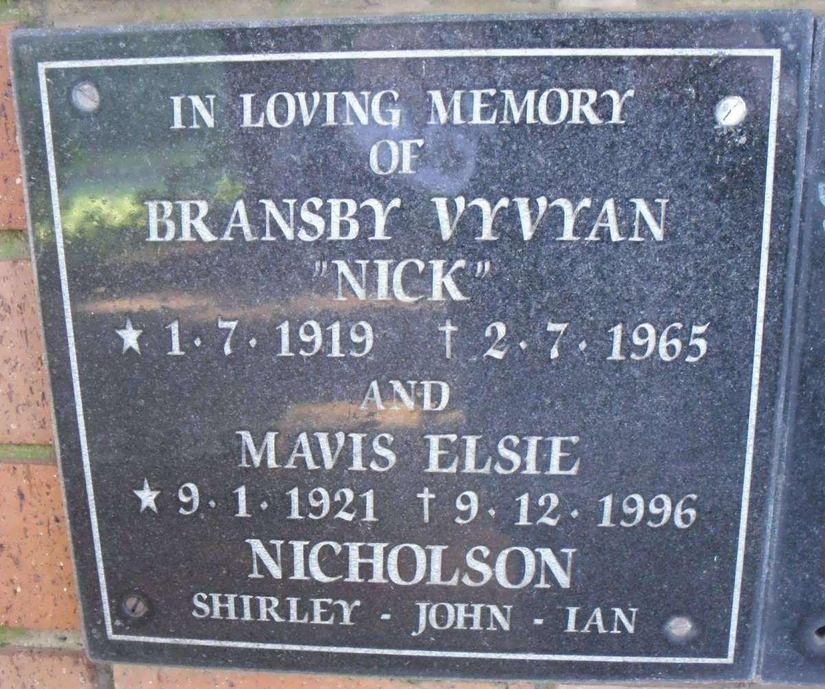 NICHOLSON Bransby Vyvyan 1919-1965 &amp; Mavis Elsie 1921-1996