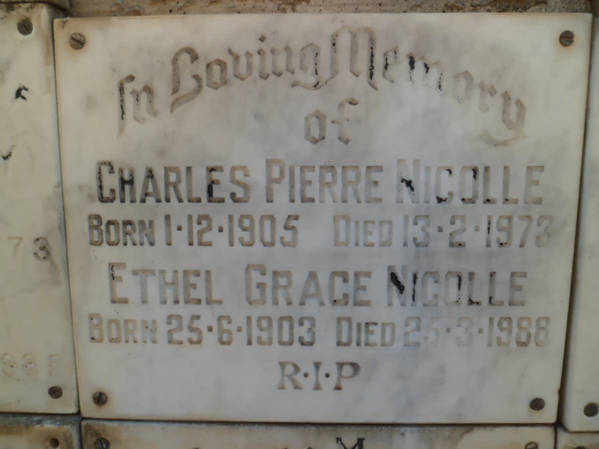 NICOLLE Charles Pierre 1905-1973 &amp; Ethel Grace 1903-1988
