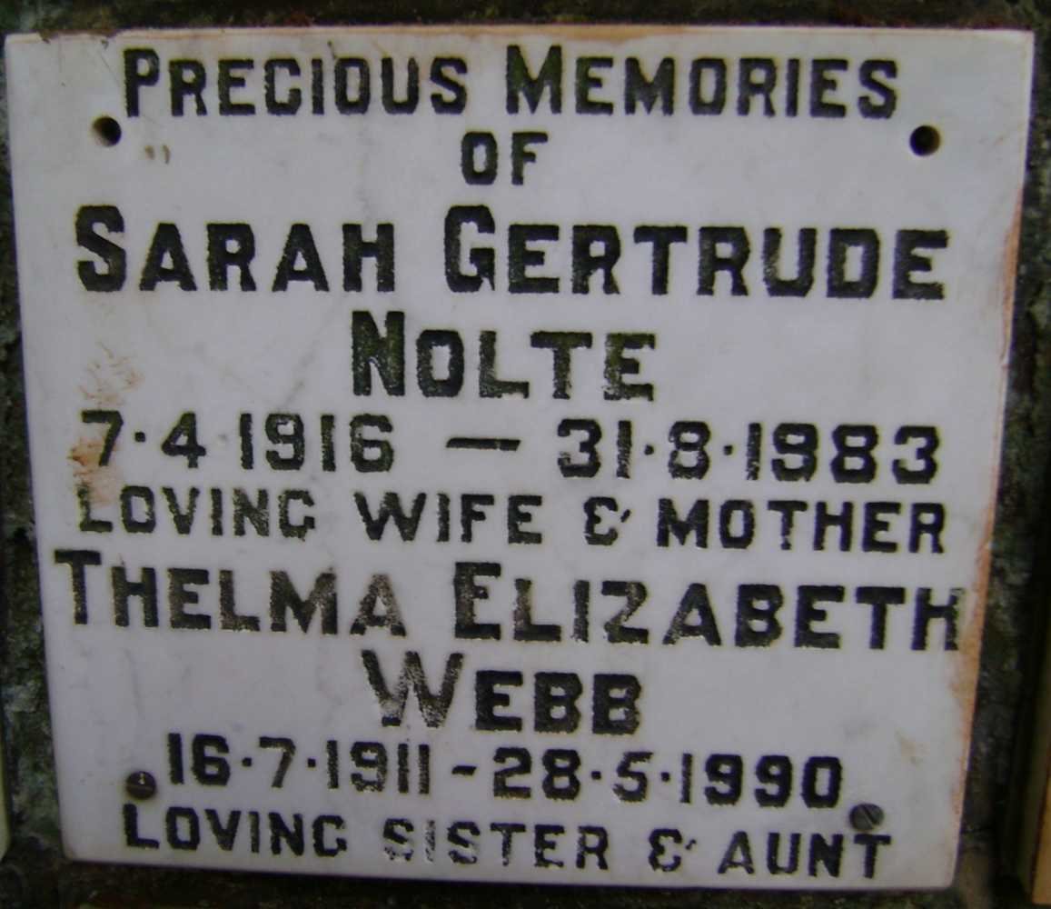 NOLTE Sarah Gertrude 1916-1983 :: WEBB Thelma Elizabeth 1911-1990