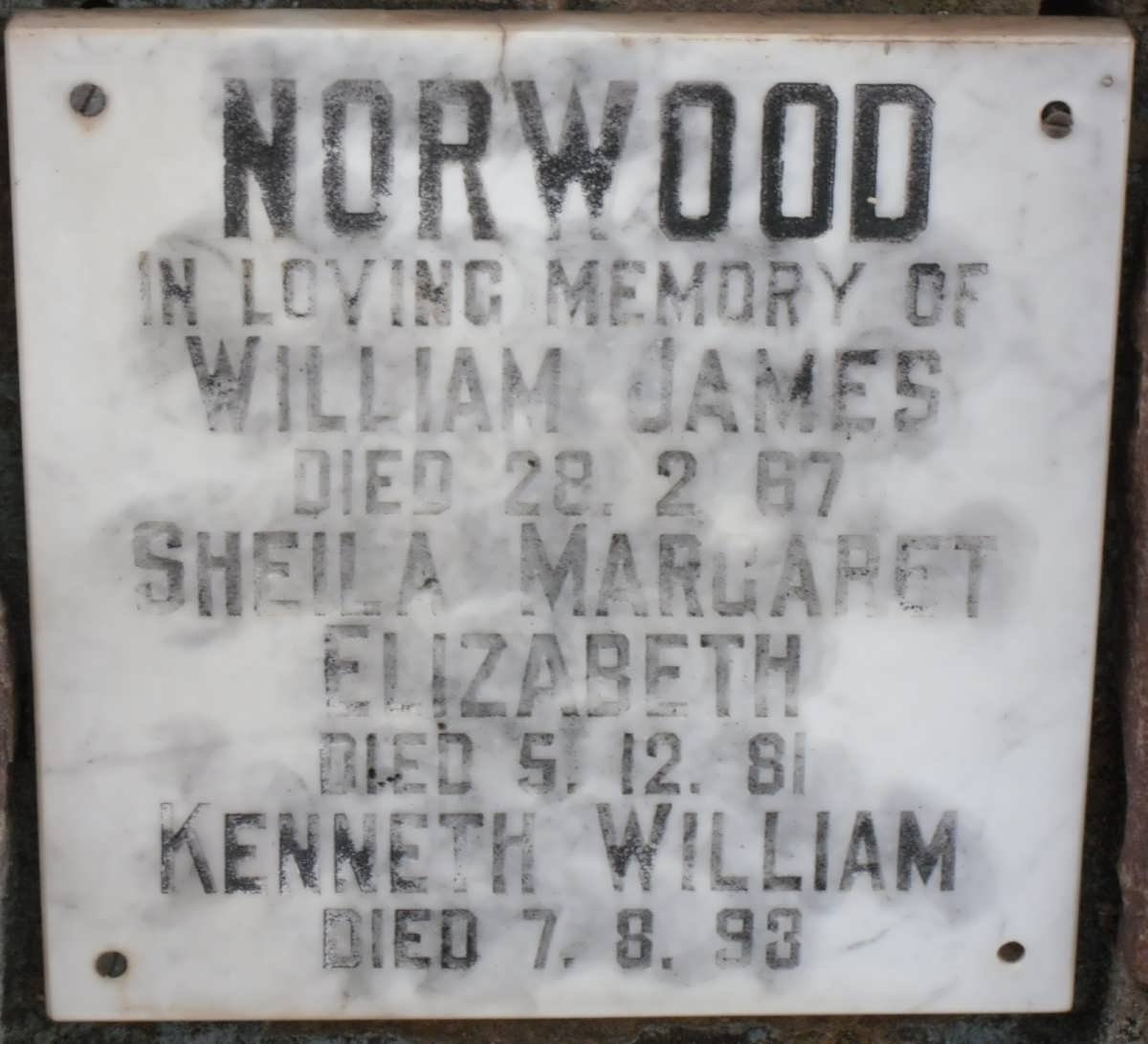 NORWOOD William James -1967 &amp; Sheila Margaret Elizabeth -1981 :: NORWOOD Kenneth William -1993
