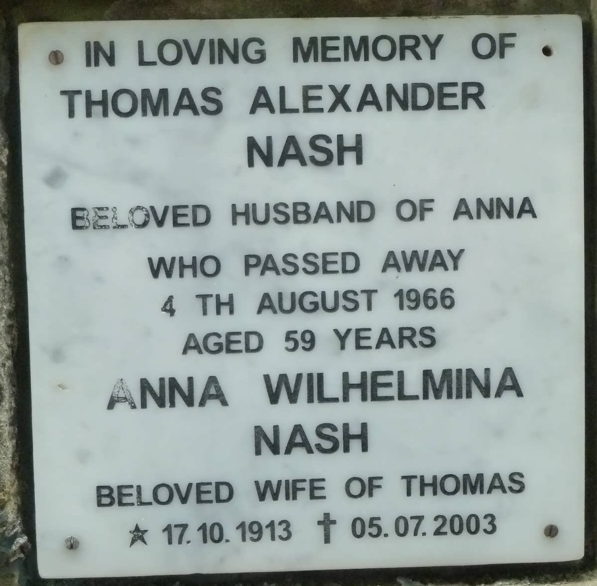 NASH Thomas Alexander -1966 &amp; Anna Wilhelmina 1913-2003