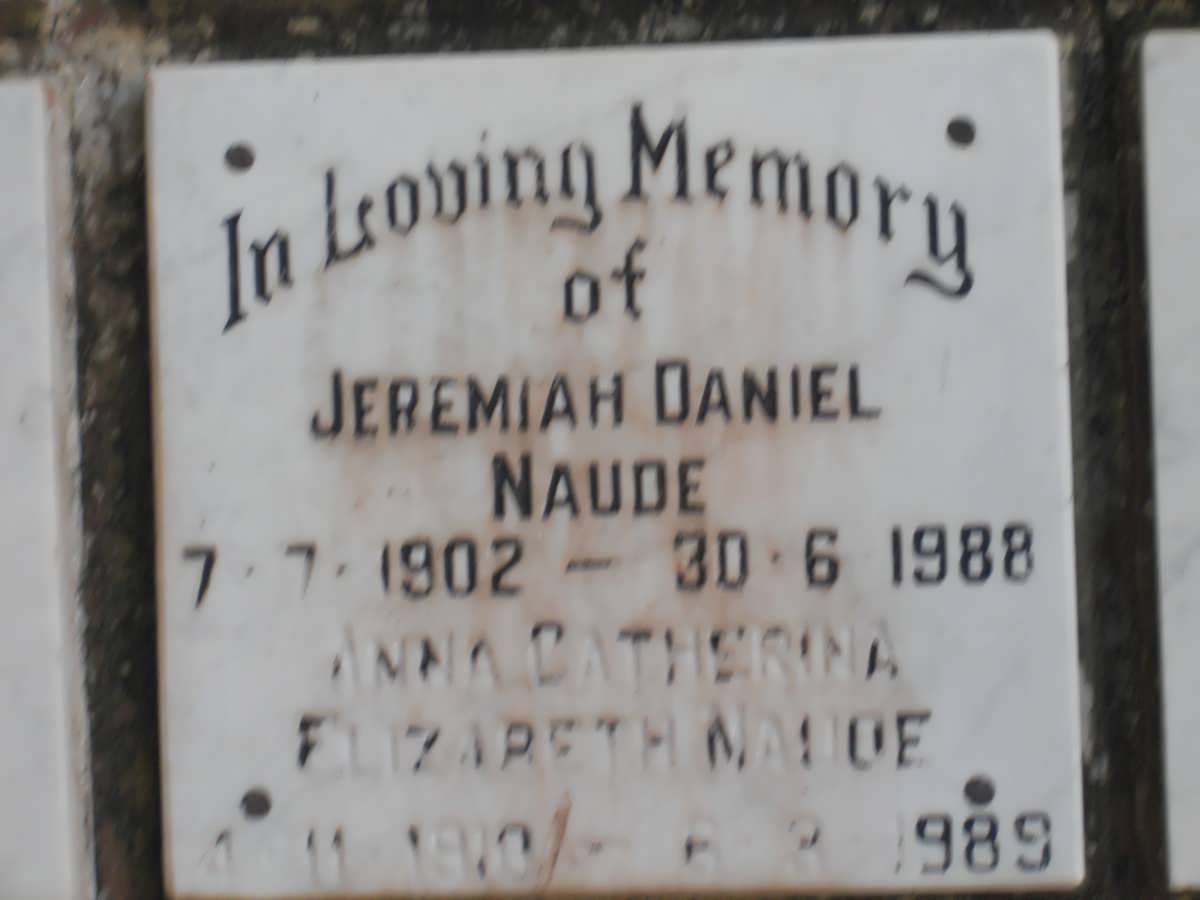 NAUDE Jeremiah Daniel 1902-1988 &amp; Anna Catherina Elizabeth Maude1910-1989