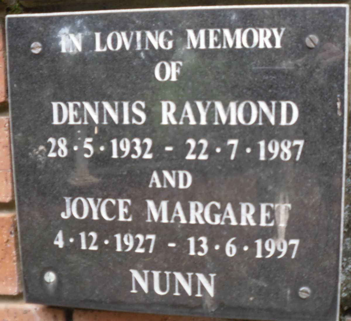 NUNN Dennis Raymond 1932-1987 &amp; Joyce Margaret 1927-1997