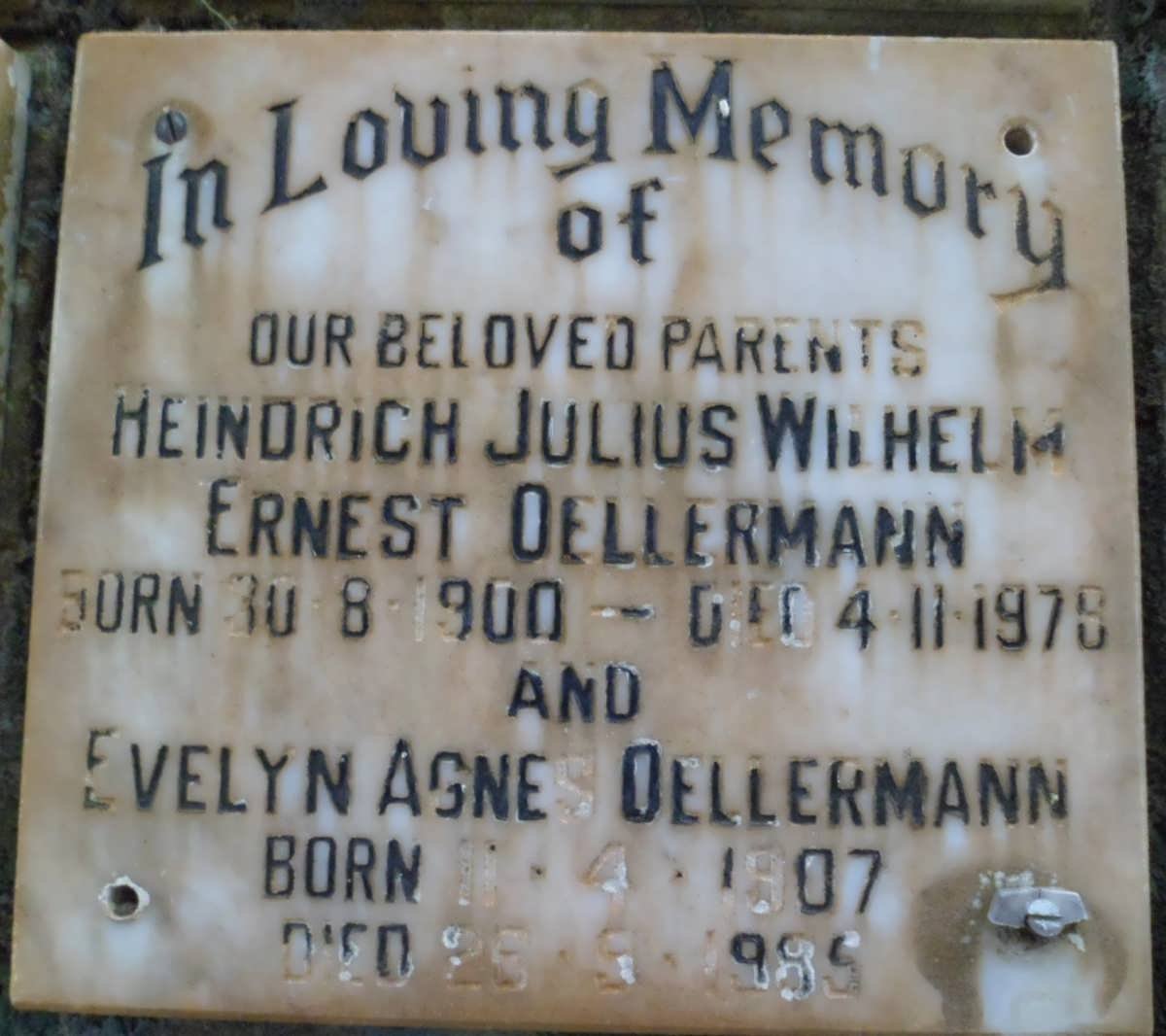 OELLERMANN Heindrich Julius Wilhelm Ernest 1900-1978 &amp; Evelyn Agnes 1907-1985
