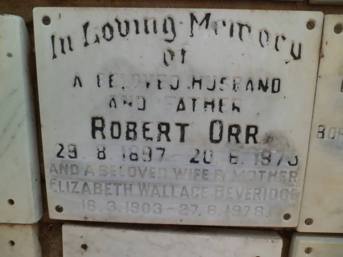 ORR Robert 1897-1973 &amp; Elizabeth Wallace Beveridge 1903-1978