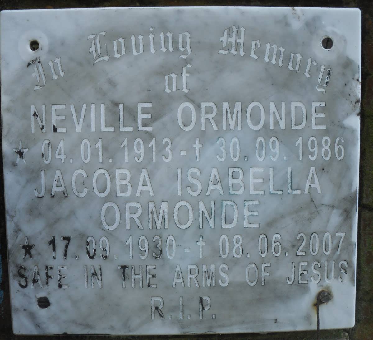 ORMONDE Neville 1913-1986 &amp; Jacoba Isabella 1930-2007