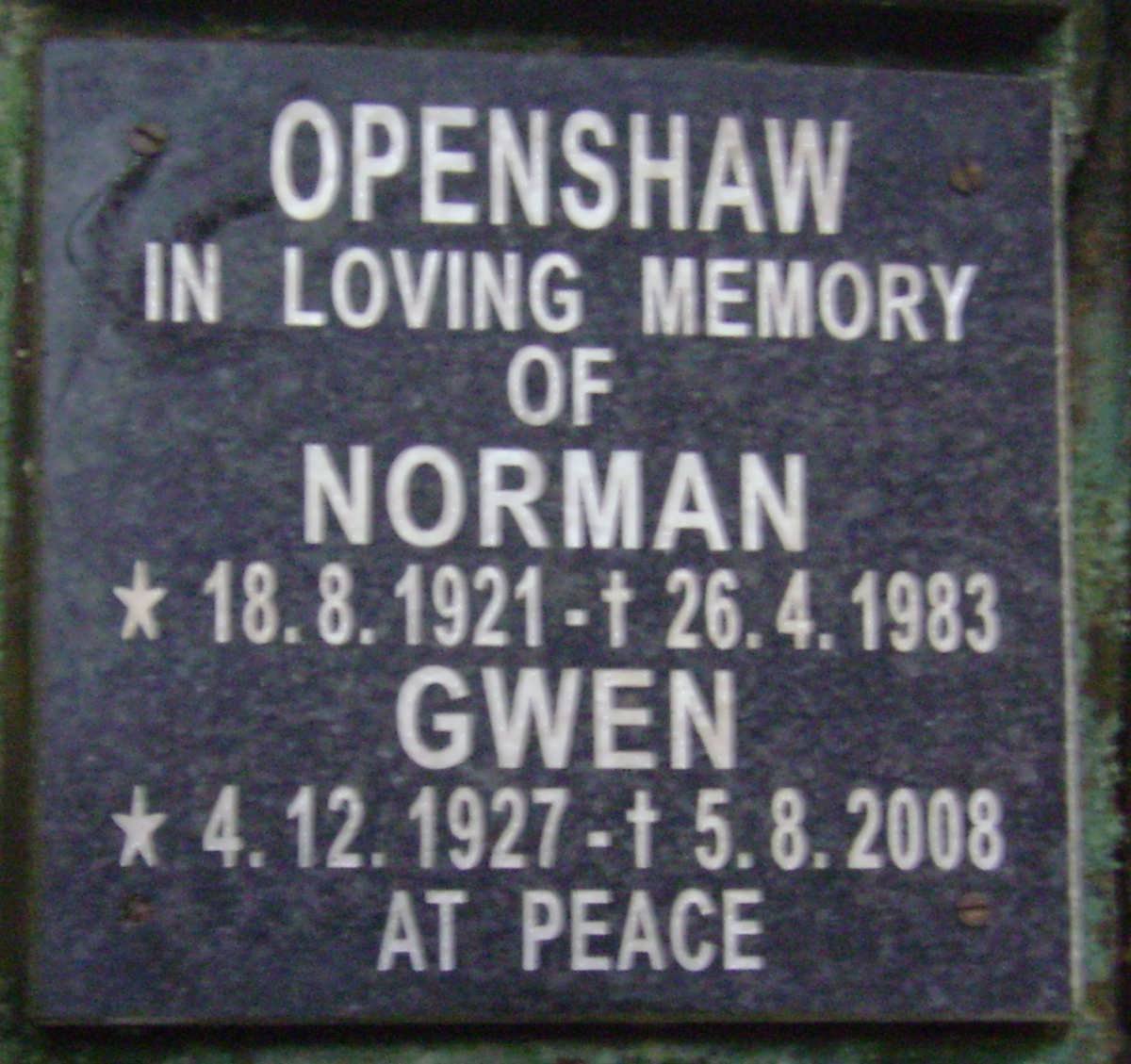 OPENSHAW Norman 1921-1983 &amp; Gwen 1927-2008
