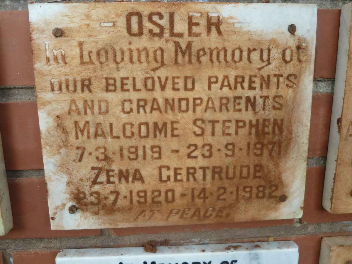 OSLER Malcome Stephen 1919-1971 &amp; Zena Gertrude 1920-1982