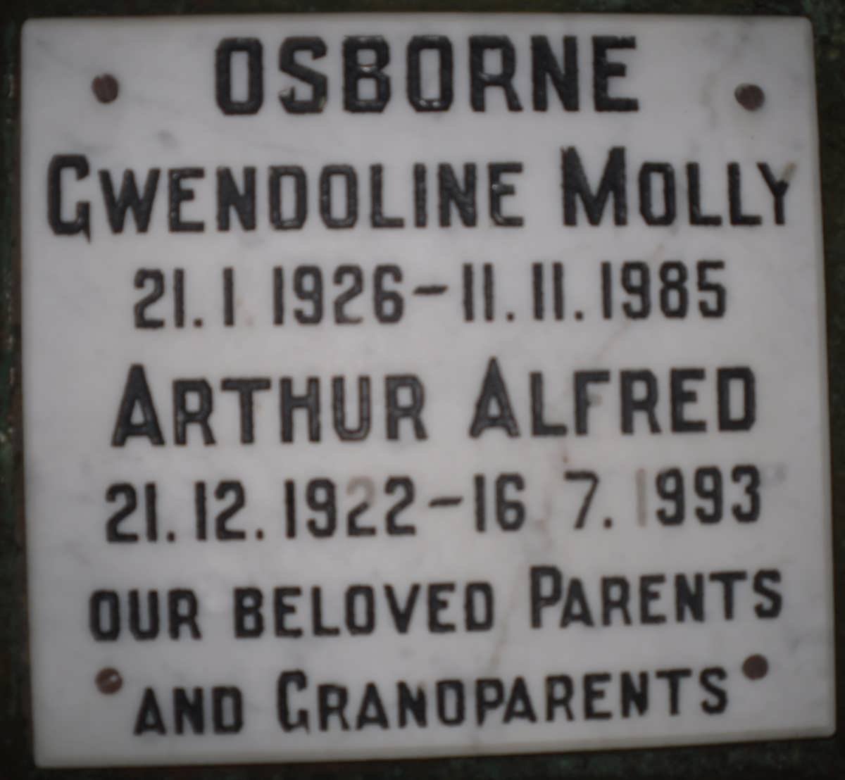 OSBORNE Arthur Alfred 1922-1993 &amp; Gwendoline Molly 1926-1985
