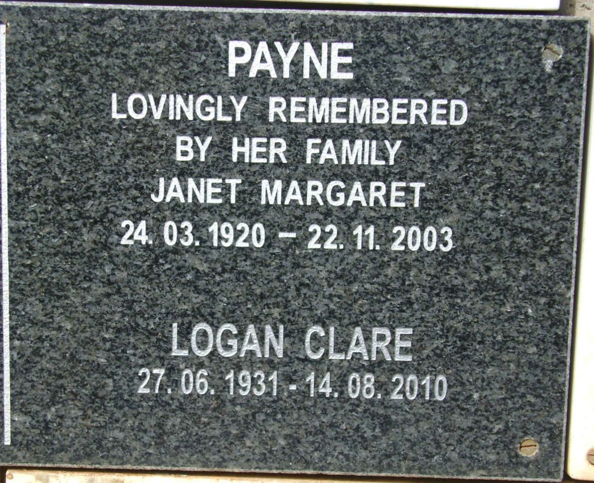 PAYNE Janet Margaret 1920-2003 :: PAYNE Logan Clare 1931-2010