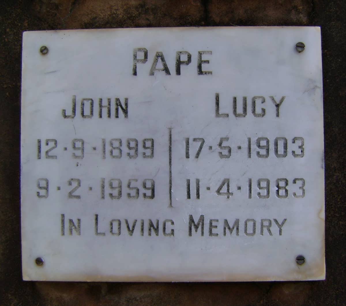 PAPE John 1899-1959 &amp; Lucy 1903-1983