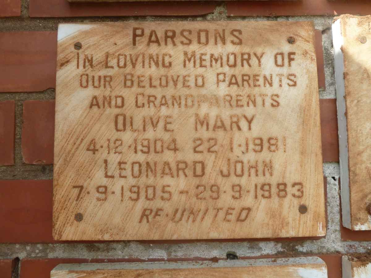PARSONS Leonard John 1905-1983 &amp; Olive Mary 1904-1981