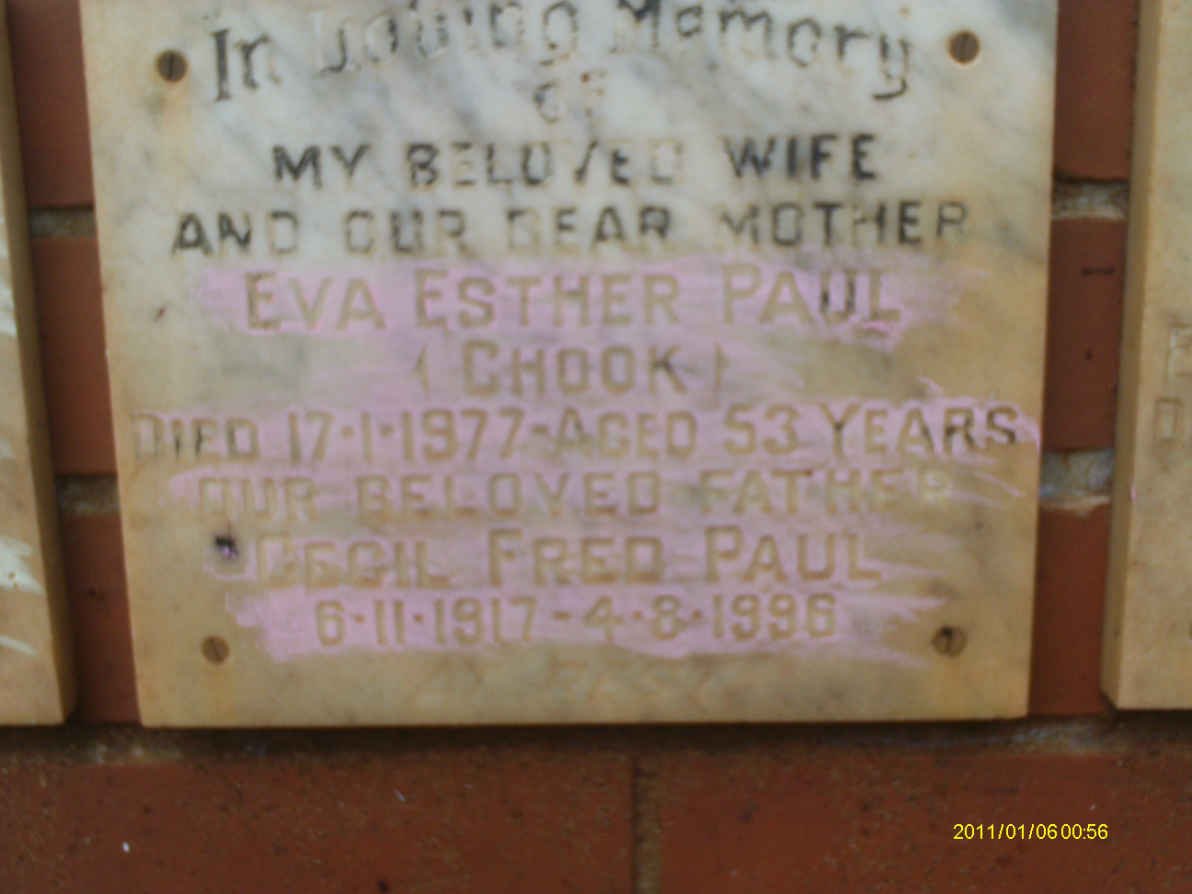 PAUL Cecil Fred 1917-1996 &amp; Eva Esther CHOOK -1977