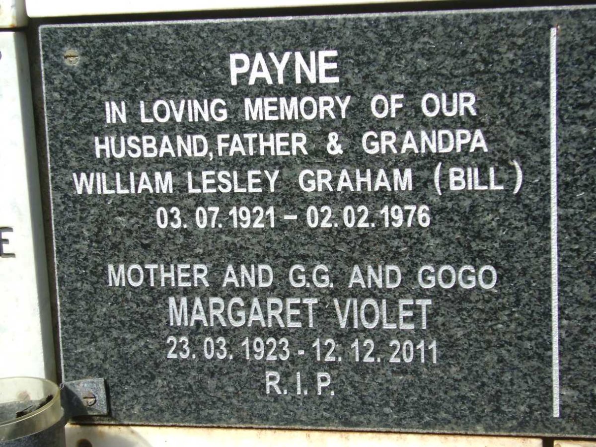 PAYNE William Lesley Graham 1921-1976 &amp; Margaret Violet 1923-2011