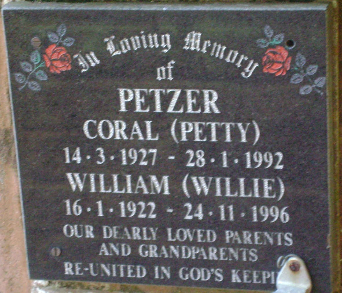 PETZER William 1922-1996 &amp; Coral 1927-1992