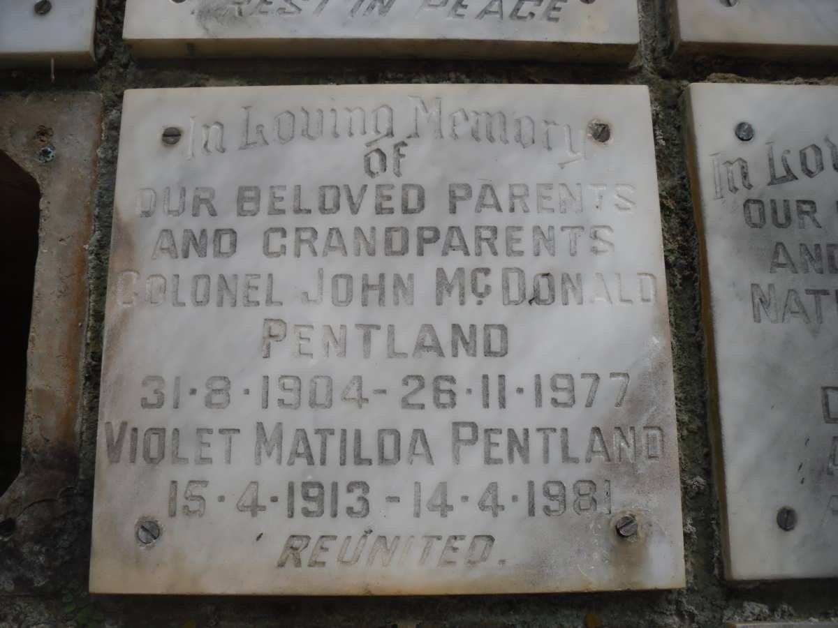 PENTLAND John McDonald 1904-1977 &amp; Violet Matilda 1913-1981