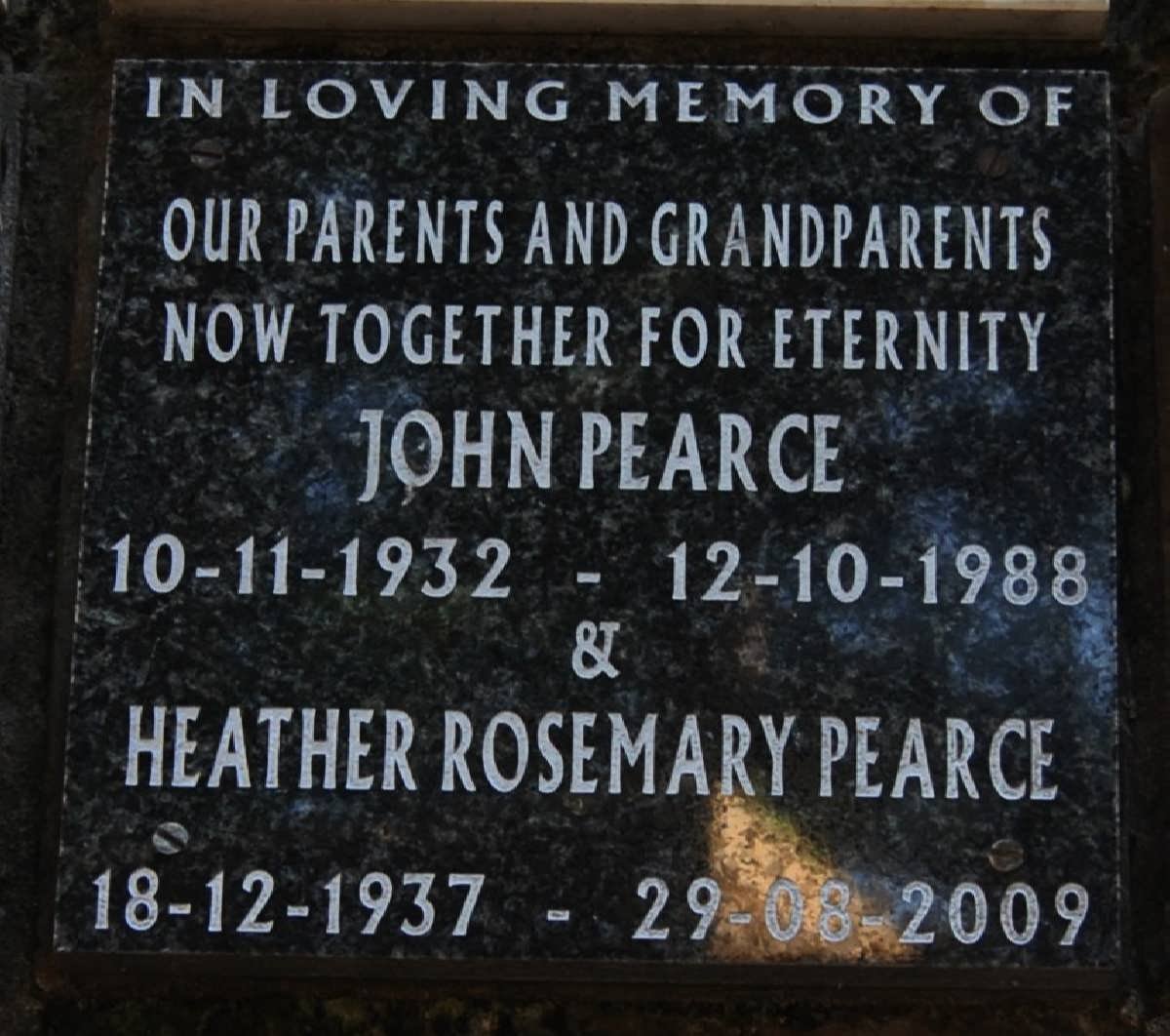 PEARCE John 1932-1988 &amp; Heather Rosemary 1937-2009