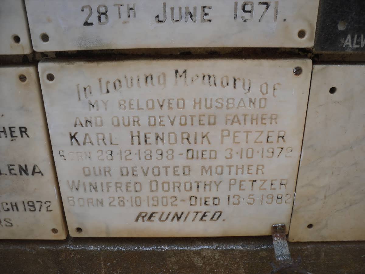 PETZER Karl Hendrik 1898-1972 &amp; Winifred Dorothy 1902-1982