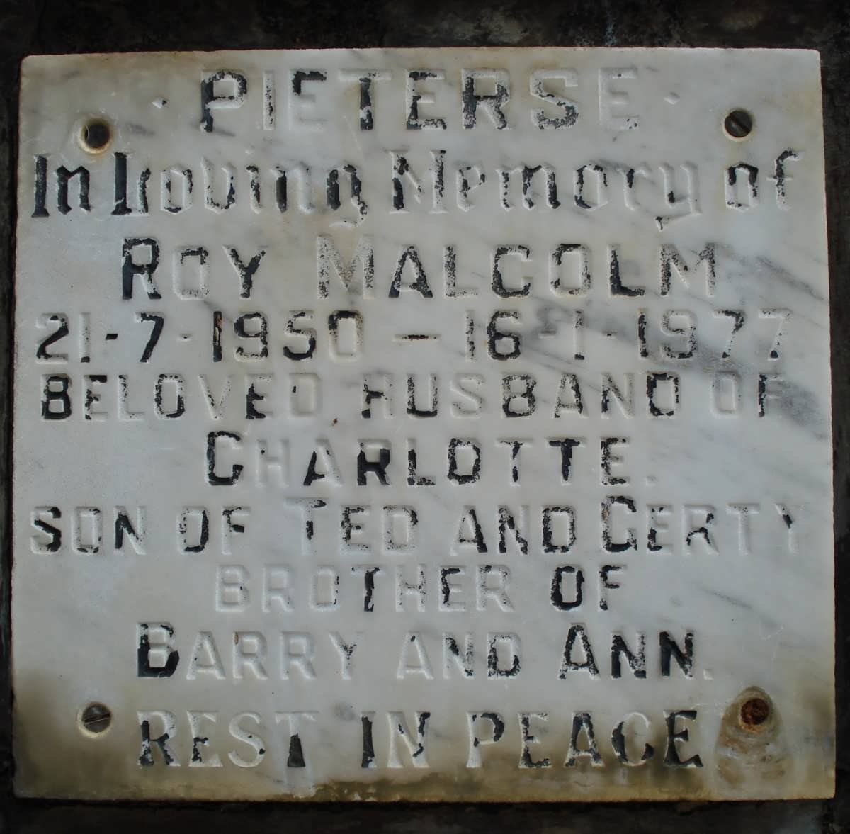 PIETERSE Roy Malcolm 1950-1977