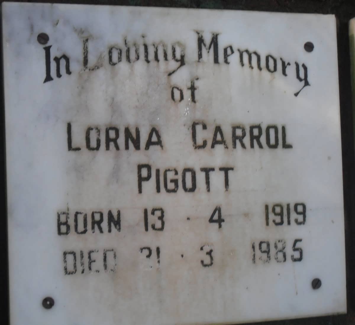 PIGOTT Lorna Carrol 1919-1985