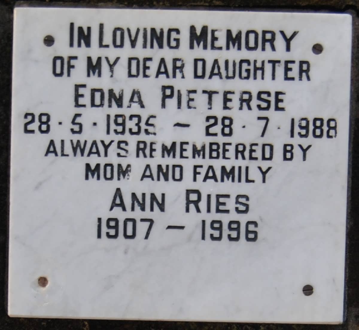 PIETERSE Edna 1935-1988 :: RIES Ann 1907-1996