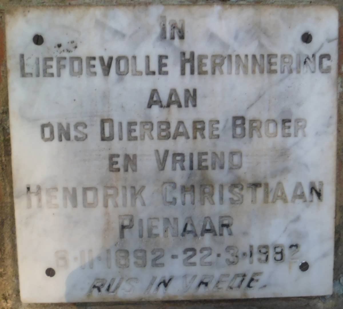 PIENAAR Hendrik Christiaan 1892-1982