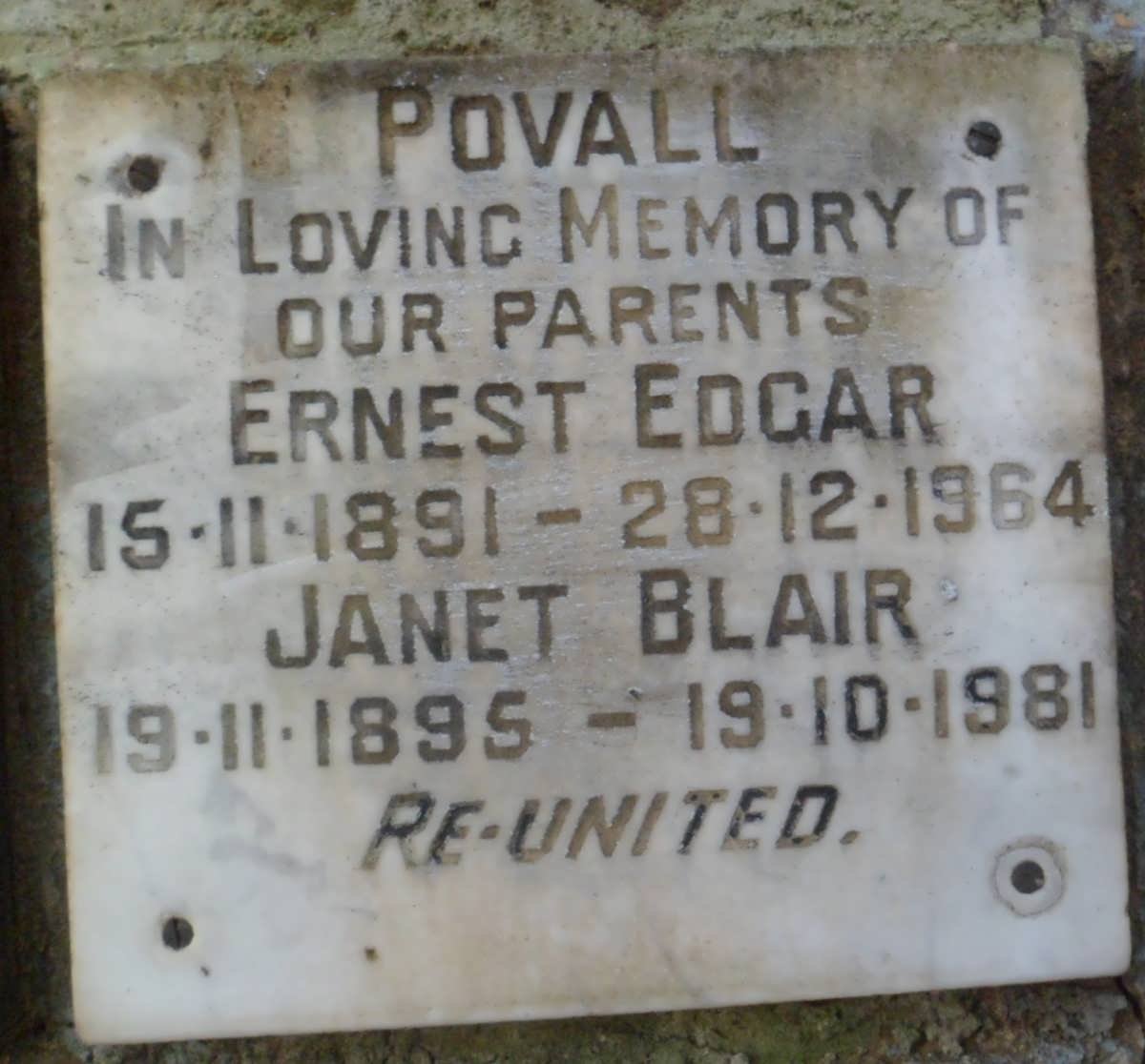 POVALL Ernest Edgar 1891-1964 &amp; Janet Blair 1895-1981