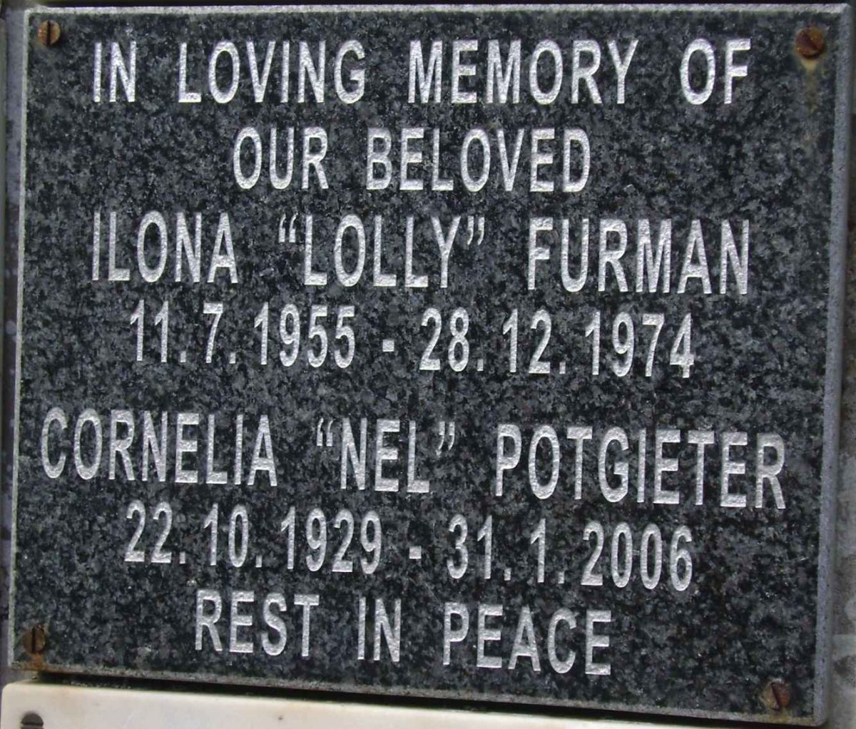 POTGIETER Cornelia 1929-2006 :: FURMAN Ilona 1955-1974