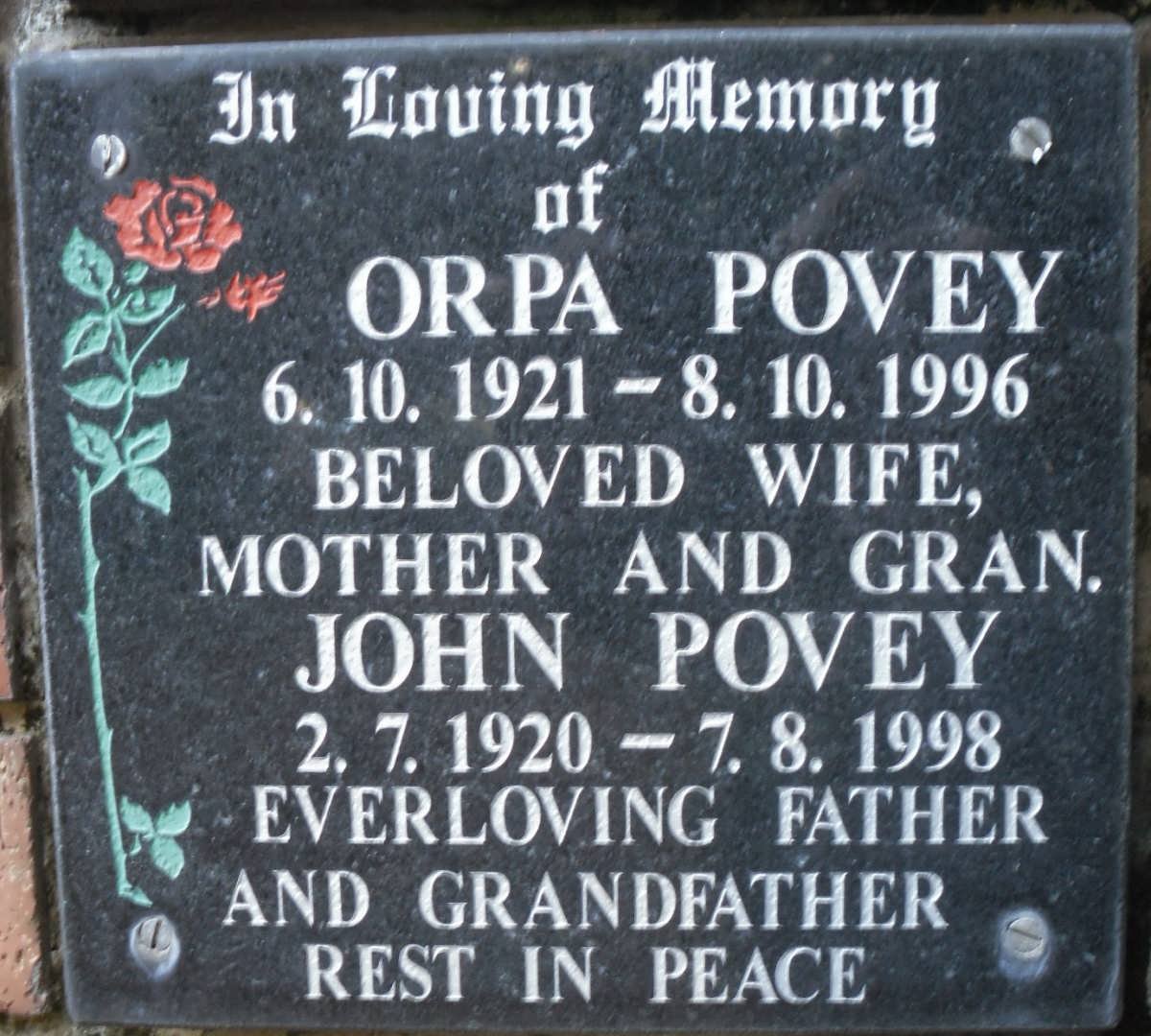 POVEY John 1920-1998 &amp; Orpa 1921-1996