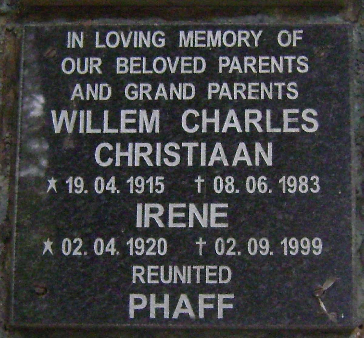 PHAFF Willem Charles Christiaan 1915-1983 &amp; Irene 1920-1999
