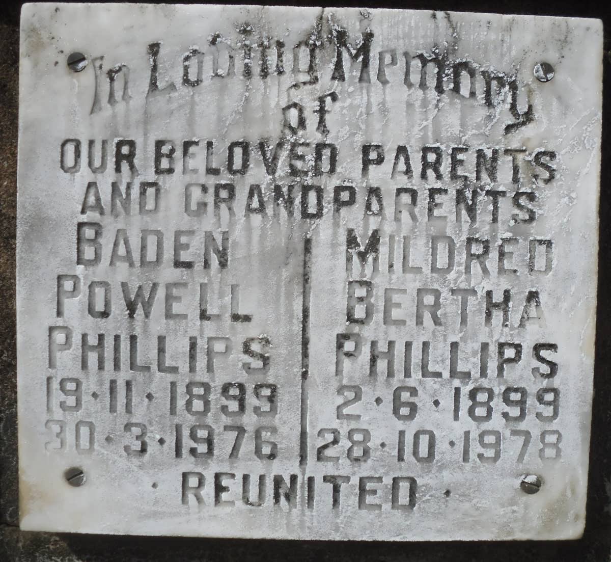 PHILLIPS Baden Powell 1899-1976 &amp; Mildred Bertha 1899-1978