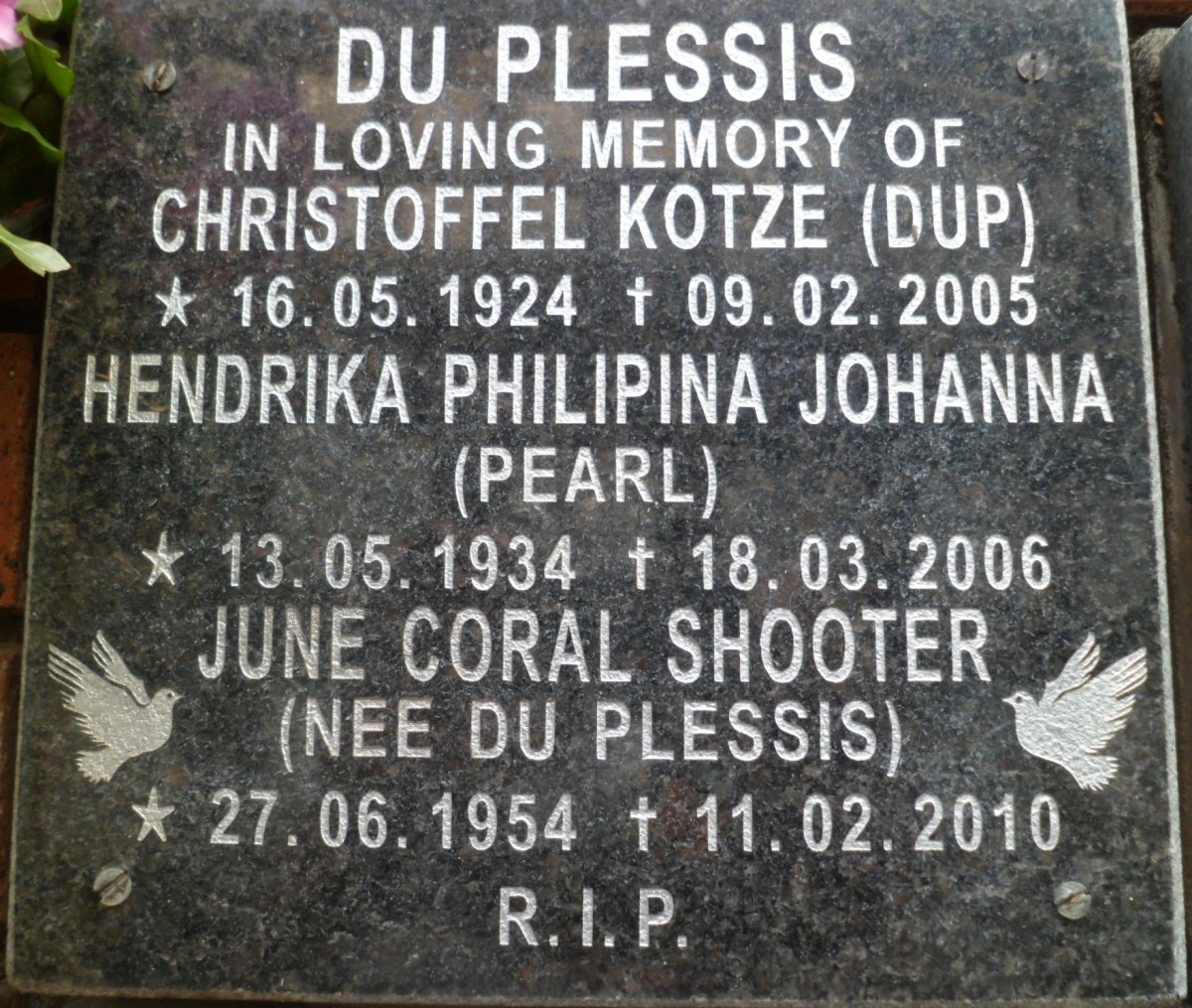 PLESSIS Christoffel Kotze, du 1924-2005 &amp; Hendrika Philipina Johanna 1934-2006