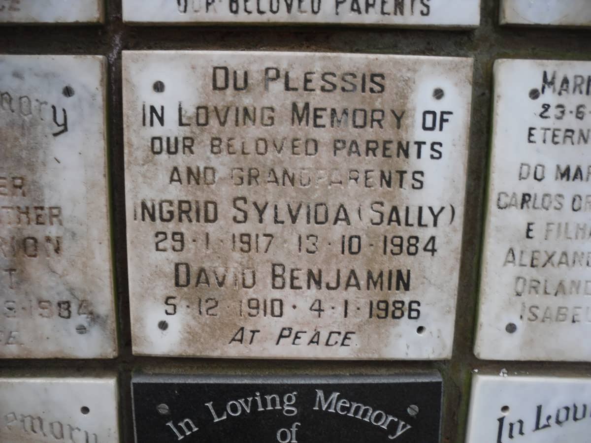 PLESSIS David Benjamin, du 1910-1986 &amp; Ingrid Sylvida 1917-1984