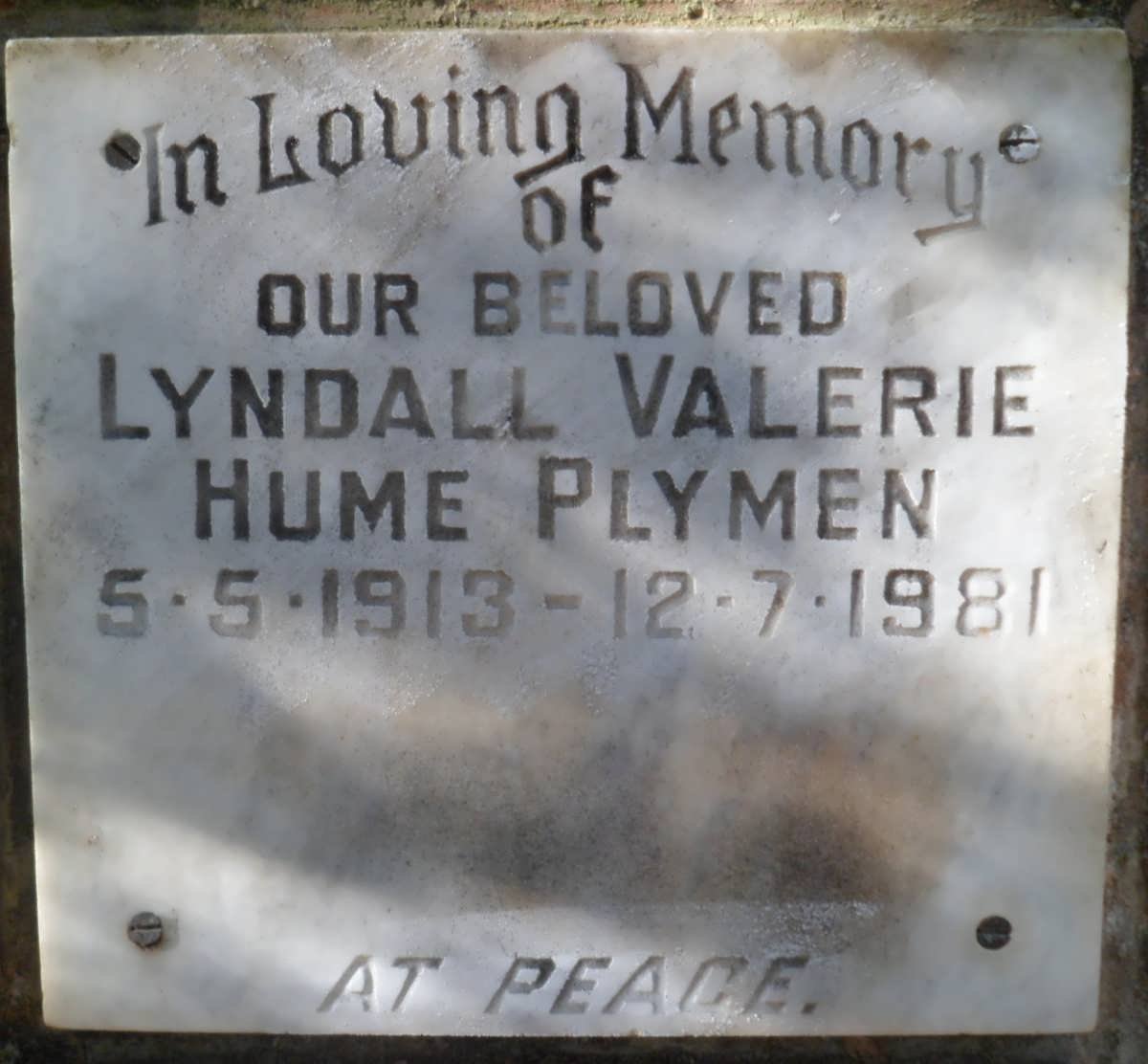 PLYMEN Lyndall Valerie Hume 1913-1981