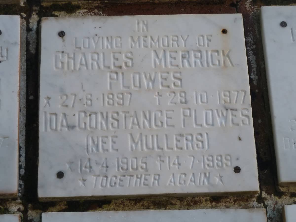 PLOWES Charles Merrick 1897-1977 &amp; Ida Constance MULLERS 1905-1989