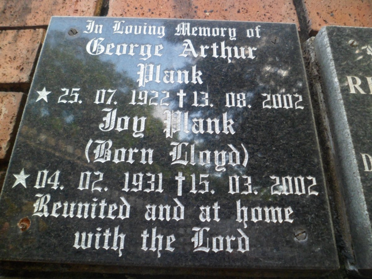 PLANK George Arthur 1922-2002 &amp; Joy LLOYD 1931-2002