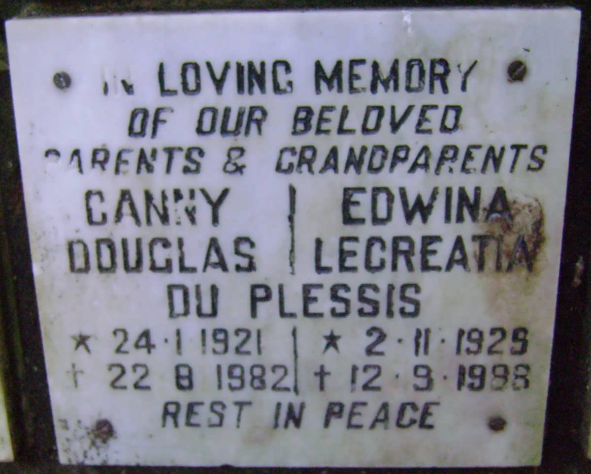 PLESSIS Canny Douglas, du 1921-1982 &amp; Edwina Lecreatia 1925-1988